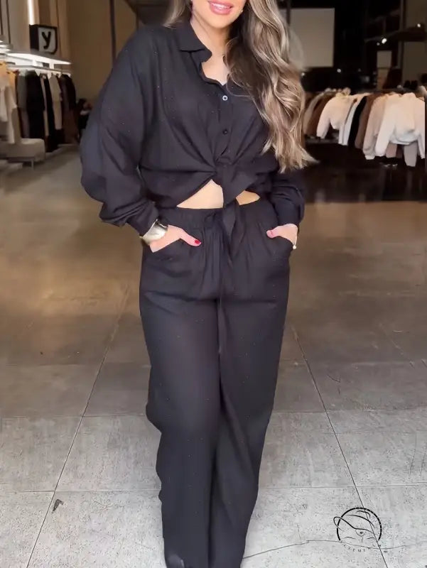 Starry Shirt Top Drawstring Wide Leg Pants Two Piece Sets