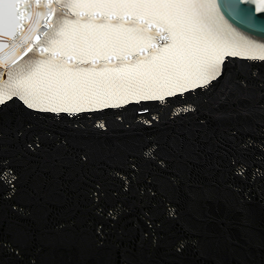 Black lace top with round neckline from Summer Pajamas Lace Design Fashionable slit shorts collection