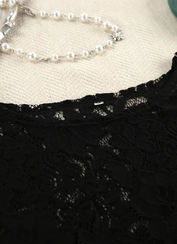 Black lace top with round neckline in fashionable pajamas lace design slit shorts