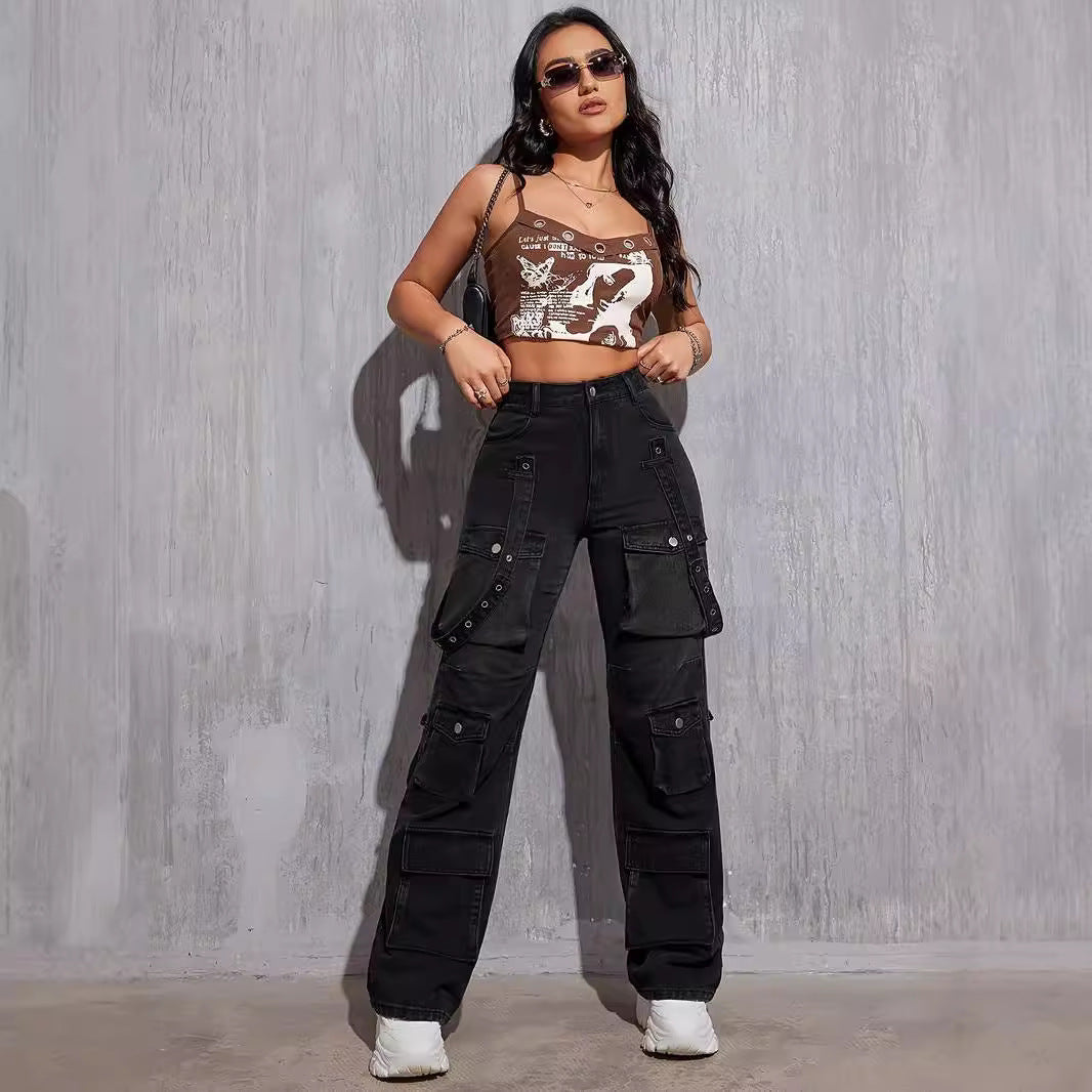 Dark wash cargo jeans with rivet details showcasing hip hop street fashion style