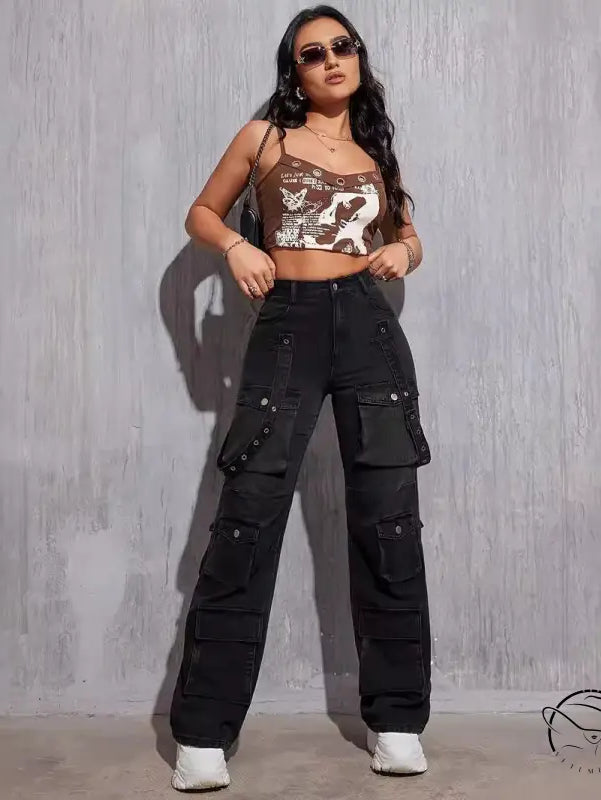 Dark wash denim high elastic hip hop cargo jeans with pockets and rivets