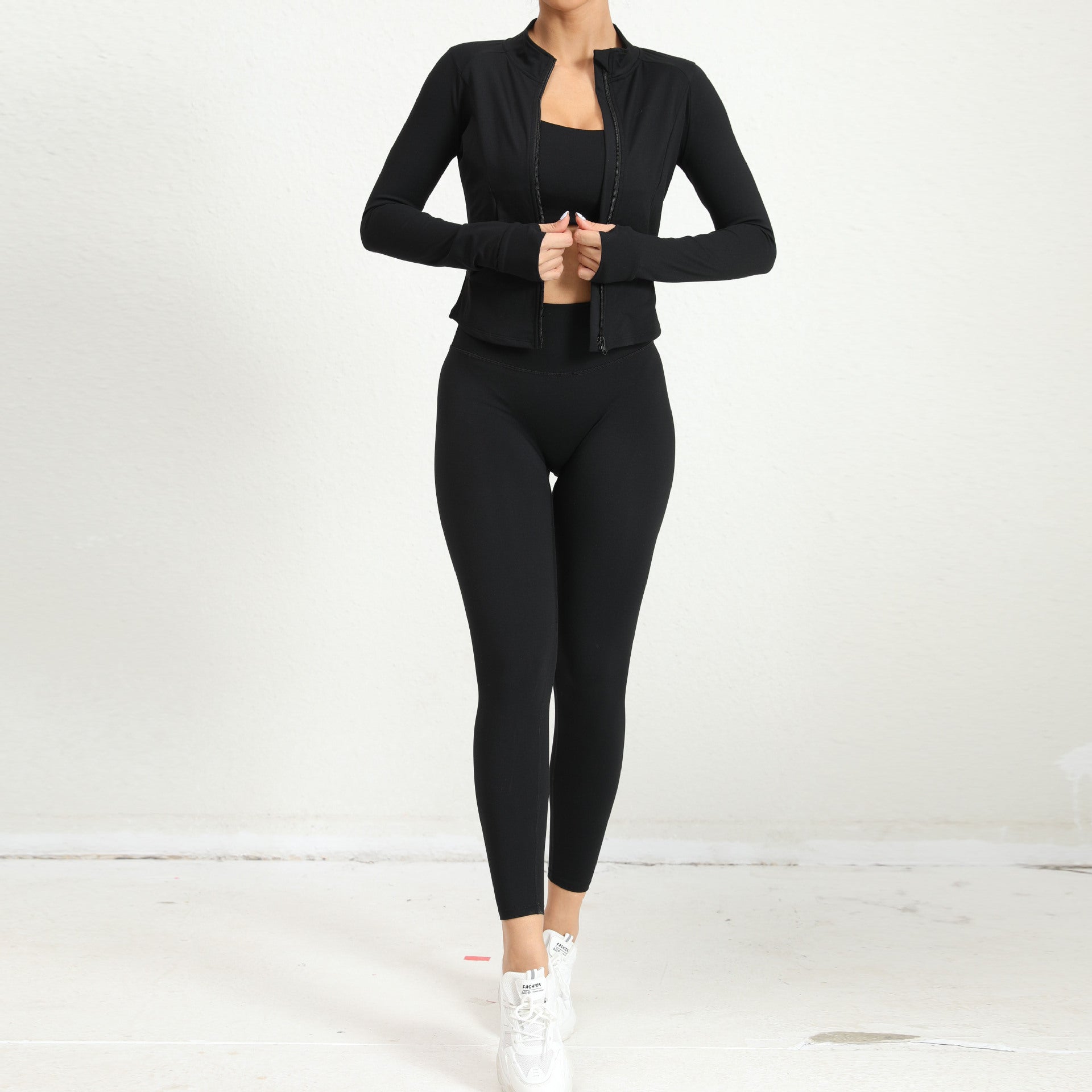 Winter Outdoors Sports Skinny Yoga Clothes Suit Nude Feel Fitness Shockproof High Waist Three Piece