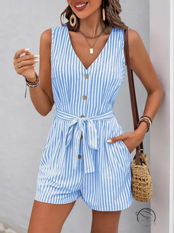 Light blue and white striped beautiful summer jumpsuit with buttons and tie waist