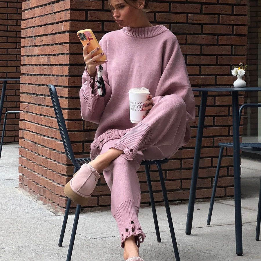 Winter Knitted Ankle Tight Pants Turtleneck Sweater Set