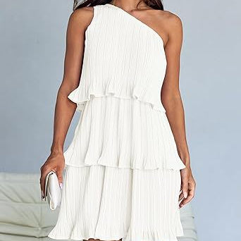 White one-shoulder layered stitching serene dress with stunning shoulder details