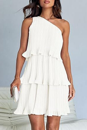 White one-shoulder layered stitching serene dress with stunning shoulder details