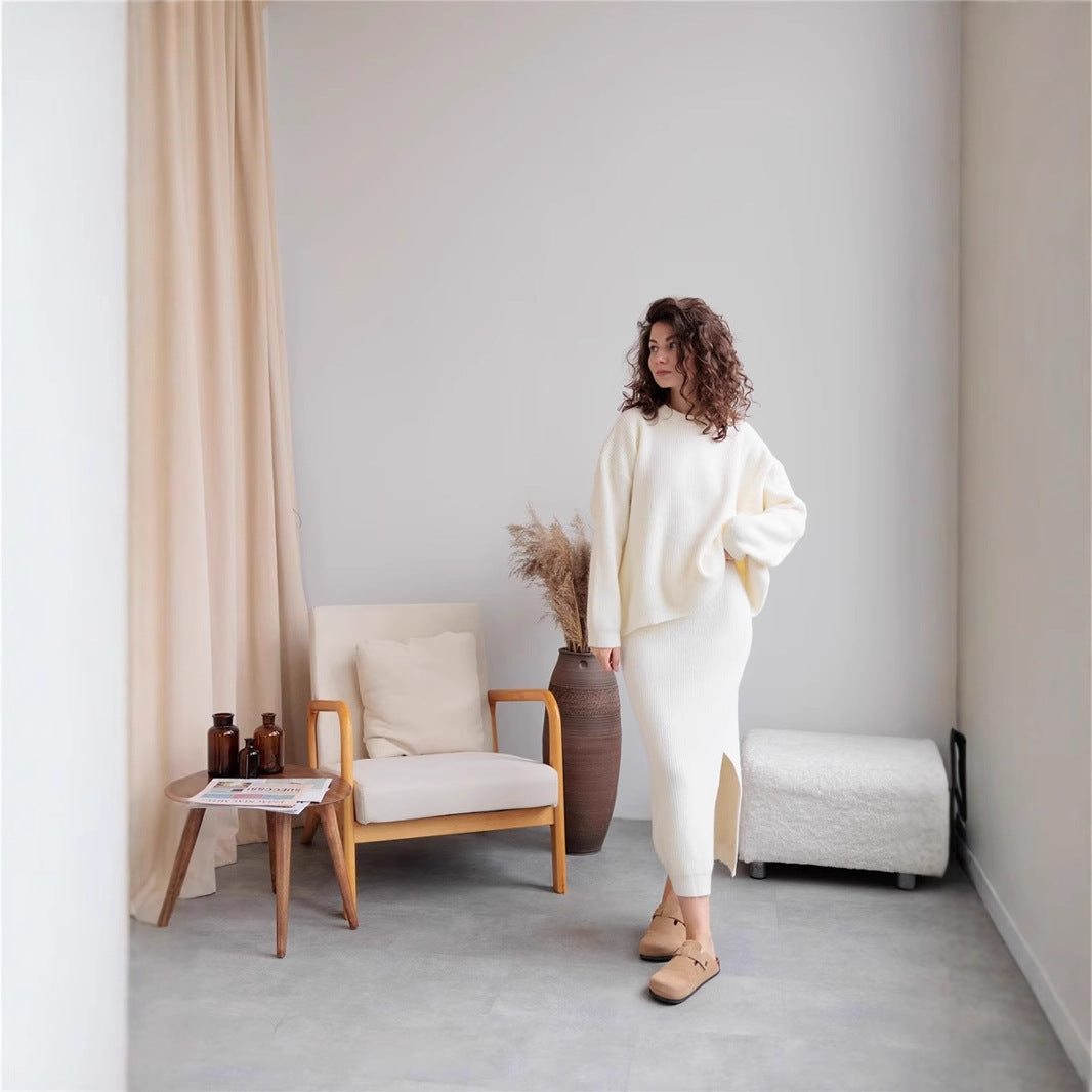 Woman in a cream-colored knit set from Elegant Design Cardigan Knitted Skirt Sets fashion ملابس