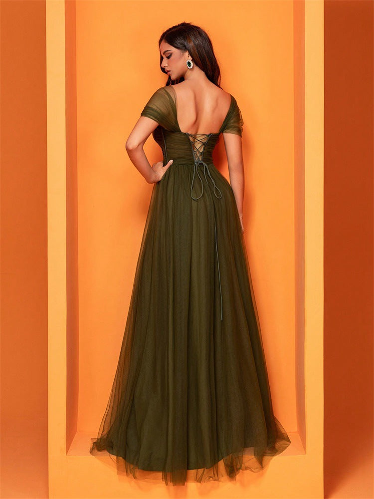 Olive green tulle gown from Elegant Cocktail Evening Dress collection for sophisticated fashion