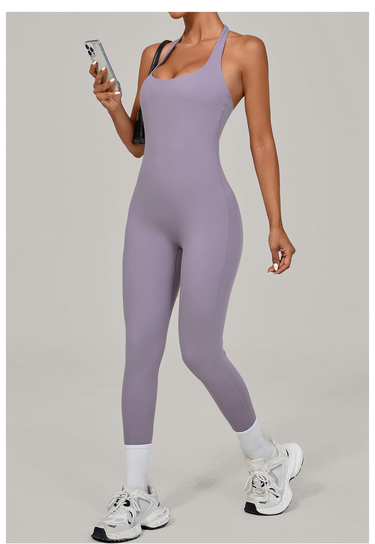 Sleek lavender langry halter yoga jumpsuit for outdoor fashion ملابس