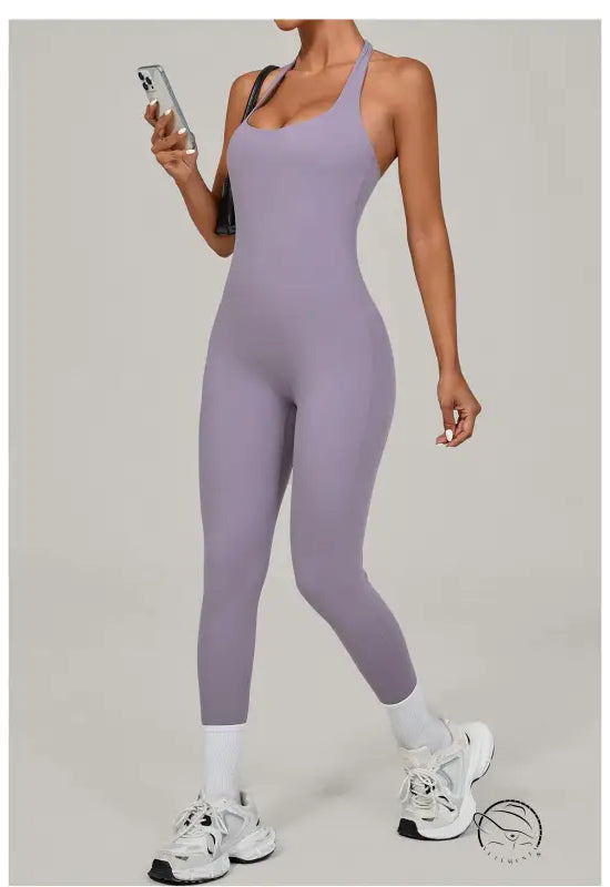 Sleek lavender langry halter yoga jumpsuit for outdoor fashion ملابس