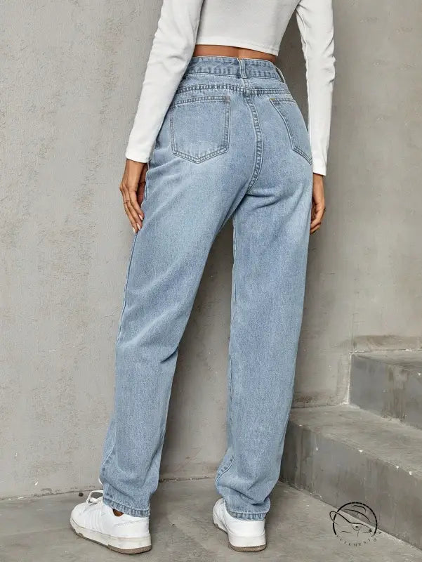 Light wash blue elastic slimming denim trousers, high-waisted baggy jeans
