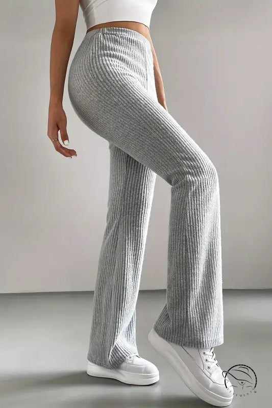 Light grey ribbed flare casual knitted match pants by Langry