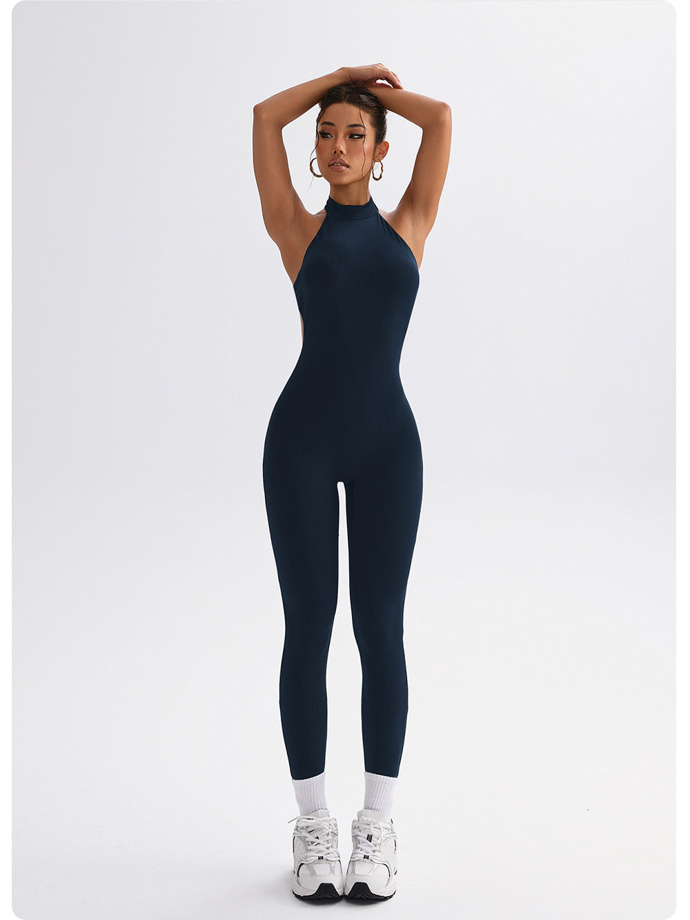 Sleek navy blue Langry tight yoga jumpsuit in form-fitting fashion ملابس