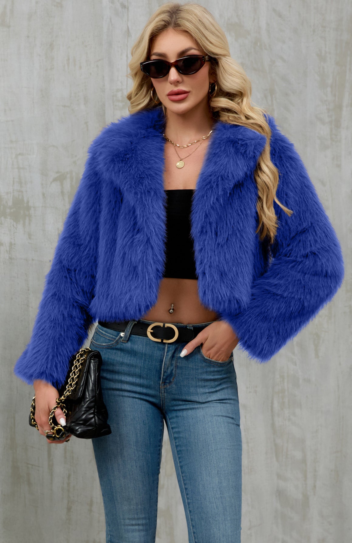 Vibrant royal blue faux fur cropped jacket by Langry fashion