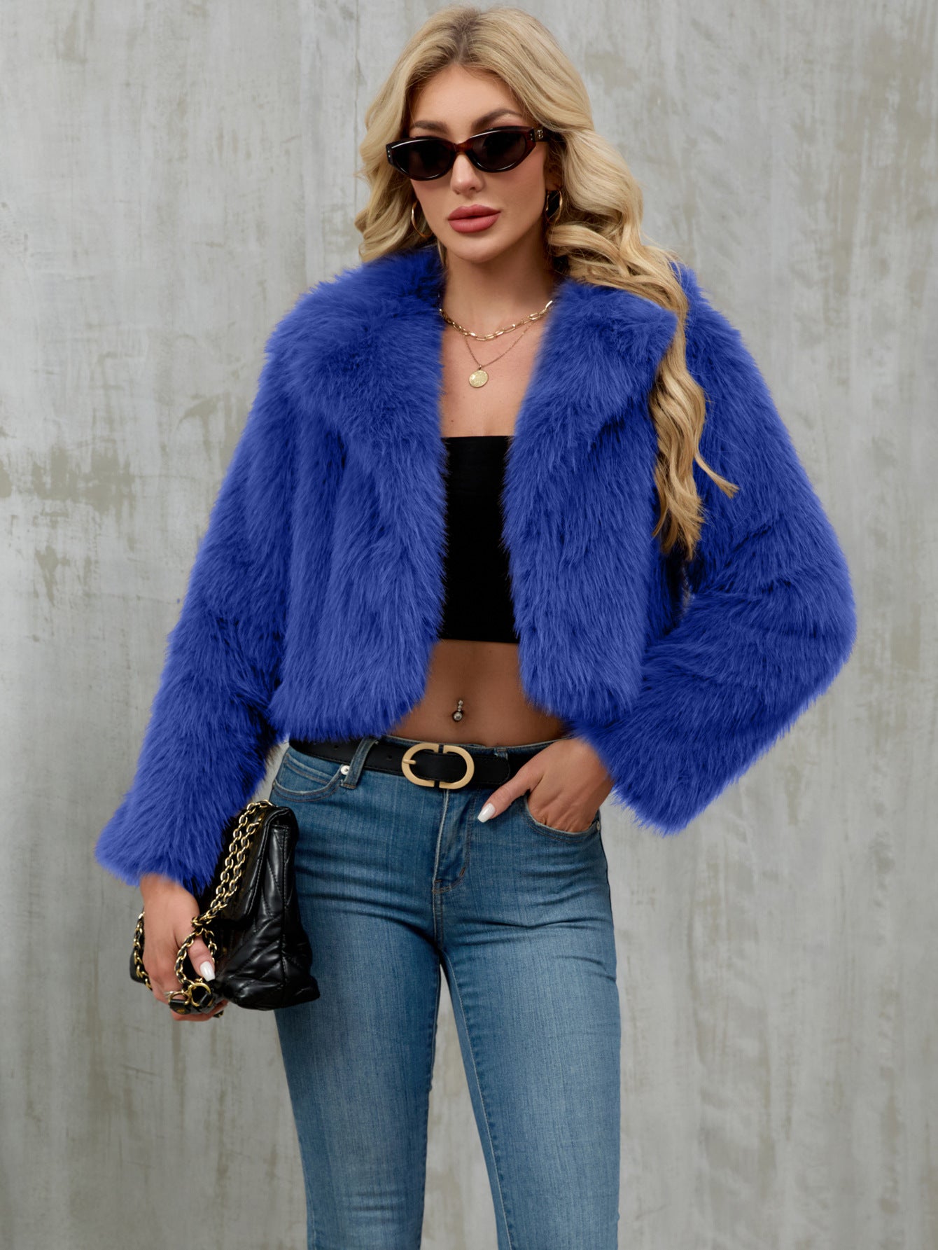 Vibrant royal blue faux fur cropped jacket by Langry fashion