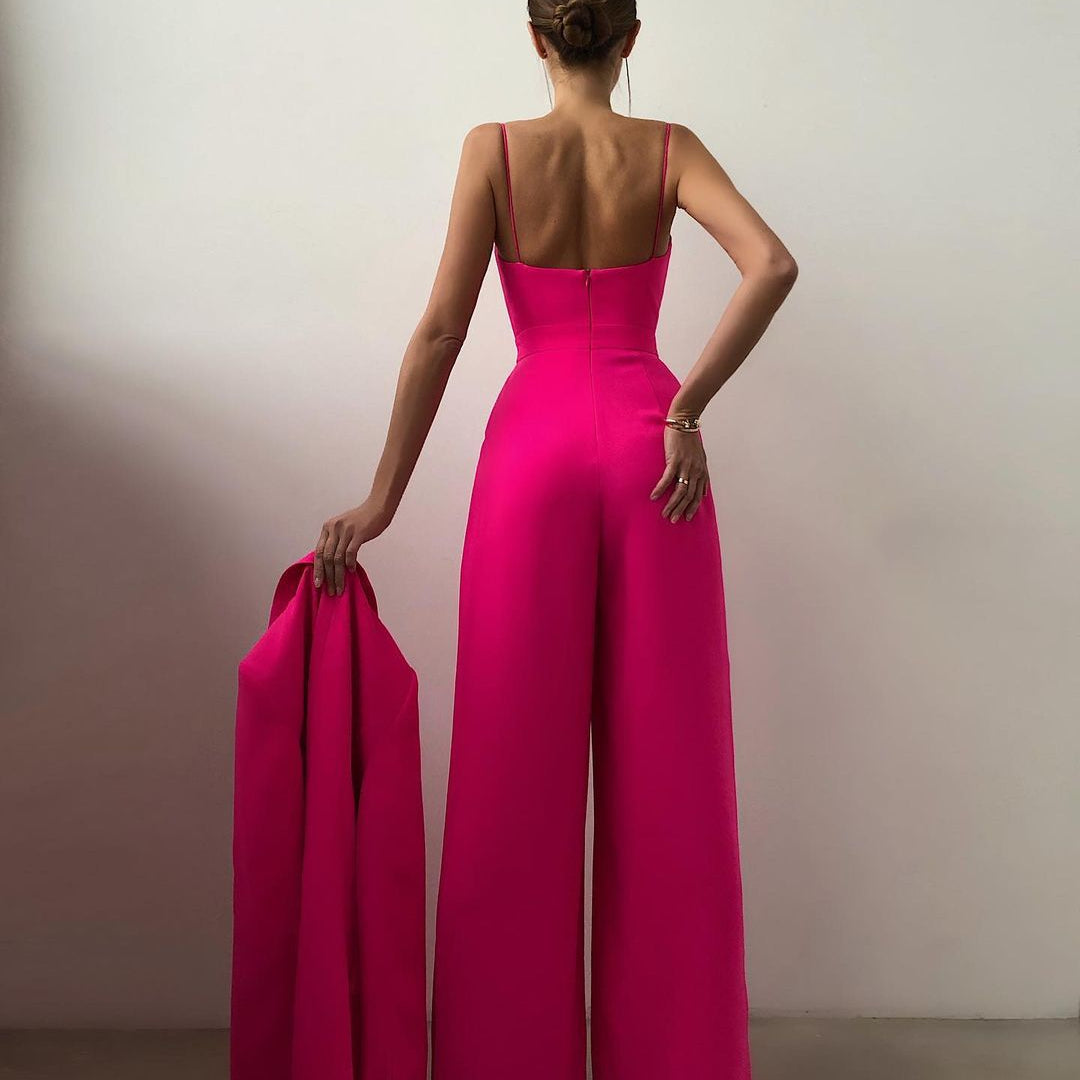 Hot pink strapless jumpsuit with wide-leg pants for elegant and modern fashion ملابس