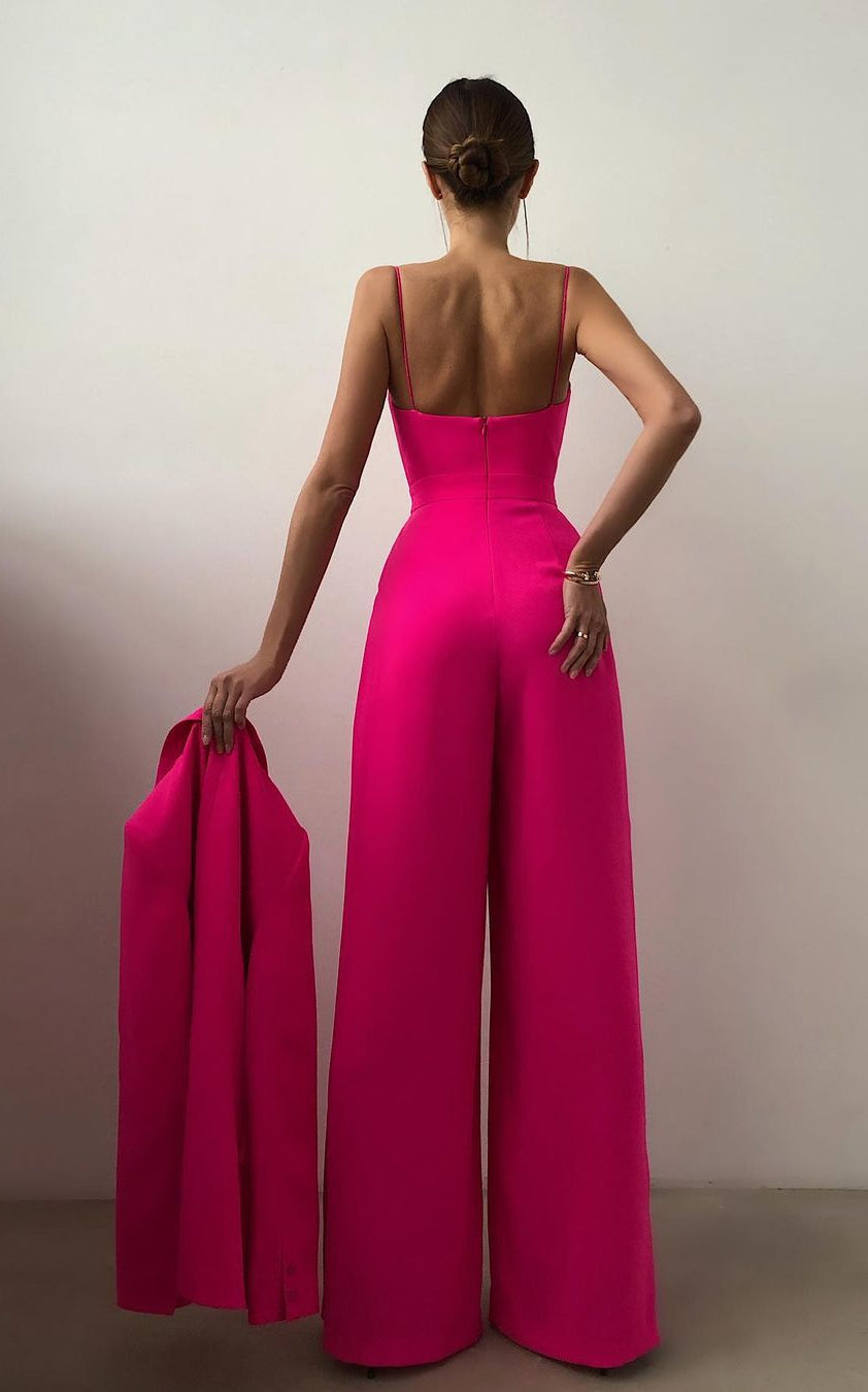 Hot pink strapless jumpsuit with wide-leg pants for elegant and modern fashion ملابس