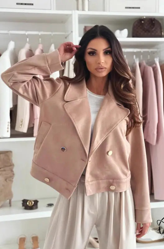 Slim beige suede short coat with gold buttons, Gucci-inspired fashion