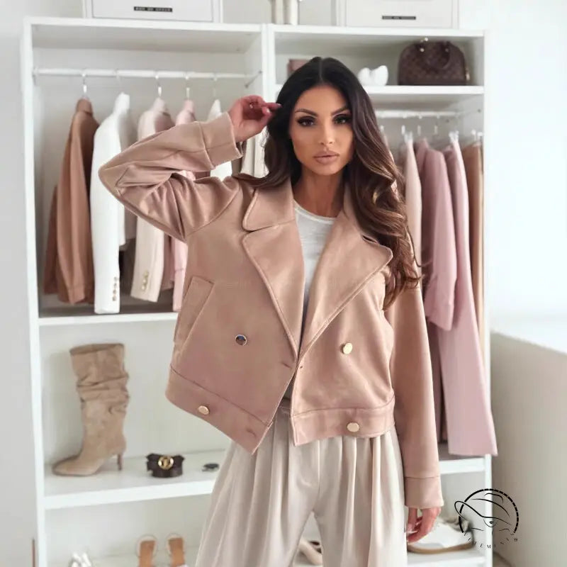 Slim beige suede short coat with gold buttons, Gucci-inspired fashion