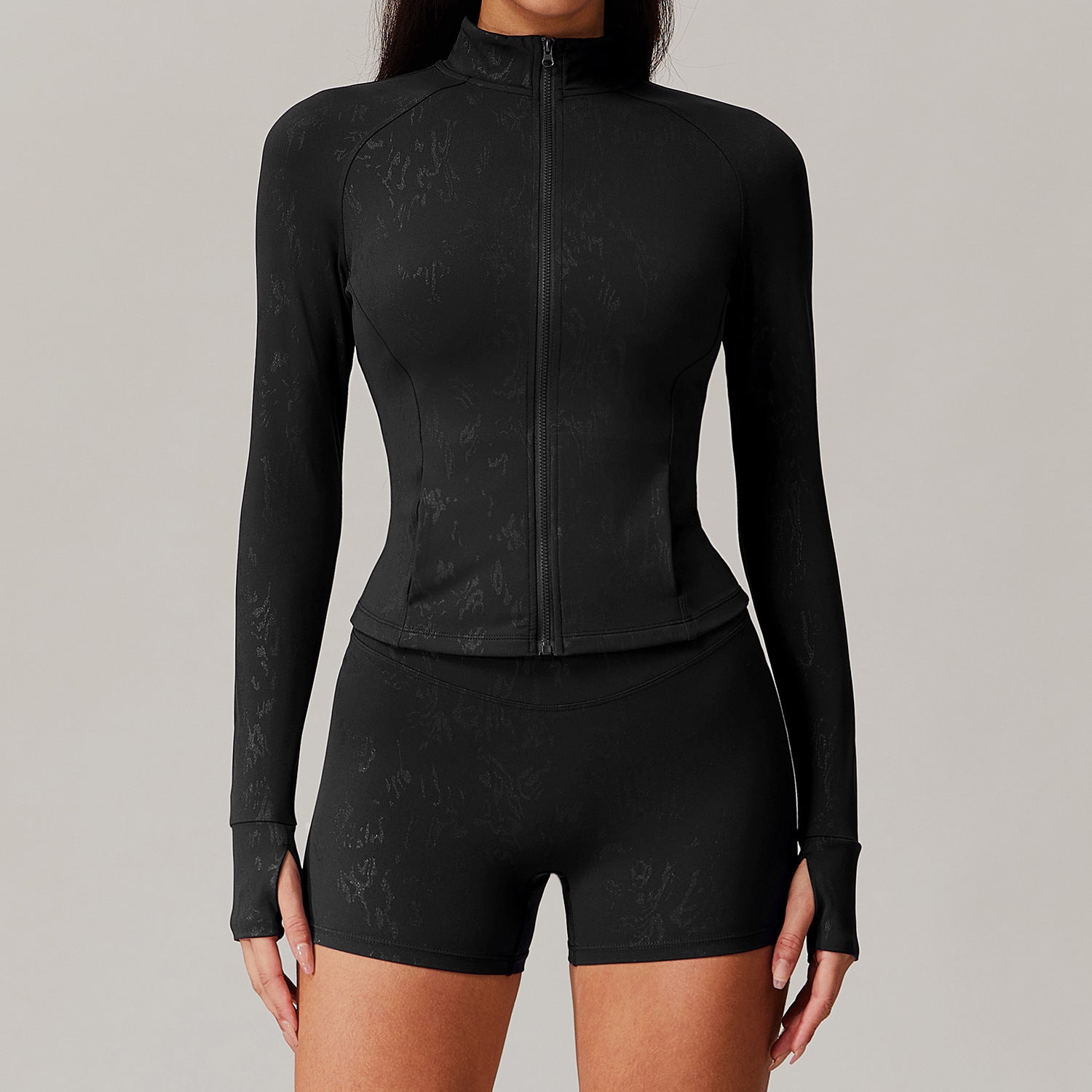 Women’s black athletic jacket and shorts set from Quick Drying Breathable Yoga Wear Coat, stylish and comfortable for langry fashion and ملابس