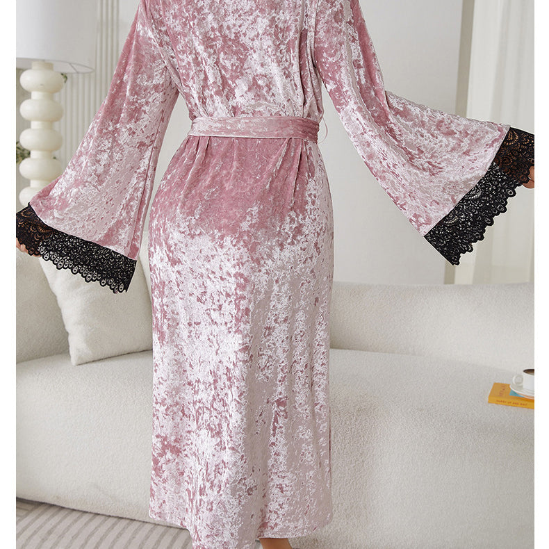 Pink crushed velvet lengthened bathrobe with black lace trim for luxurious home wear