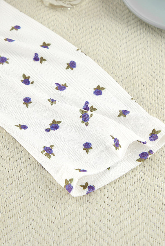 White fabric with purple floral pattern for stylish White Knitted Jacquard Pajamas fashion