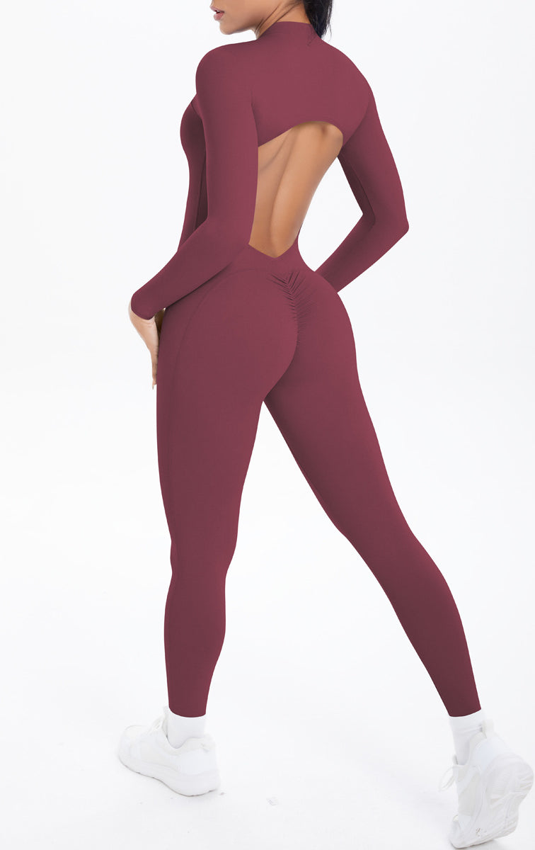 Maroon long sleeve yoga bodysuit with back cutout and high-waisted leggings