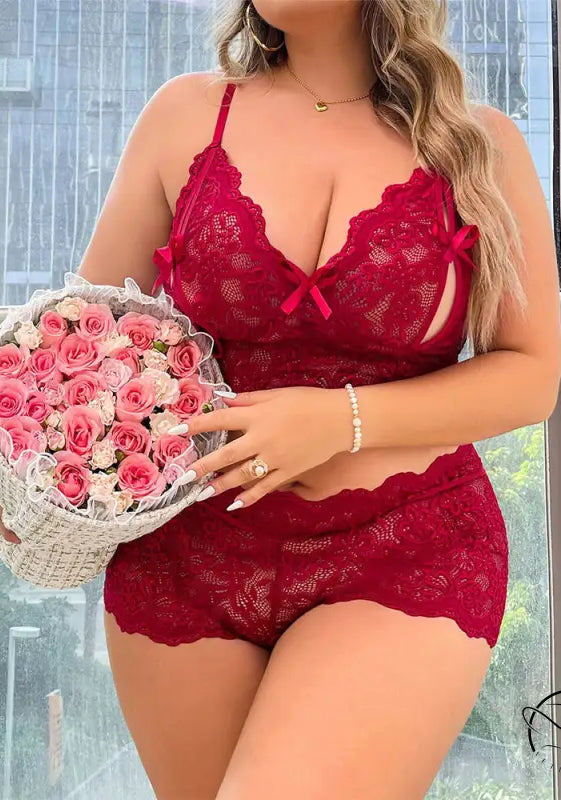 Red lace underwear corset two piece suit with bow details and scalloped edges