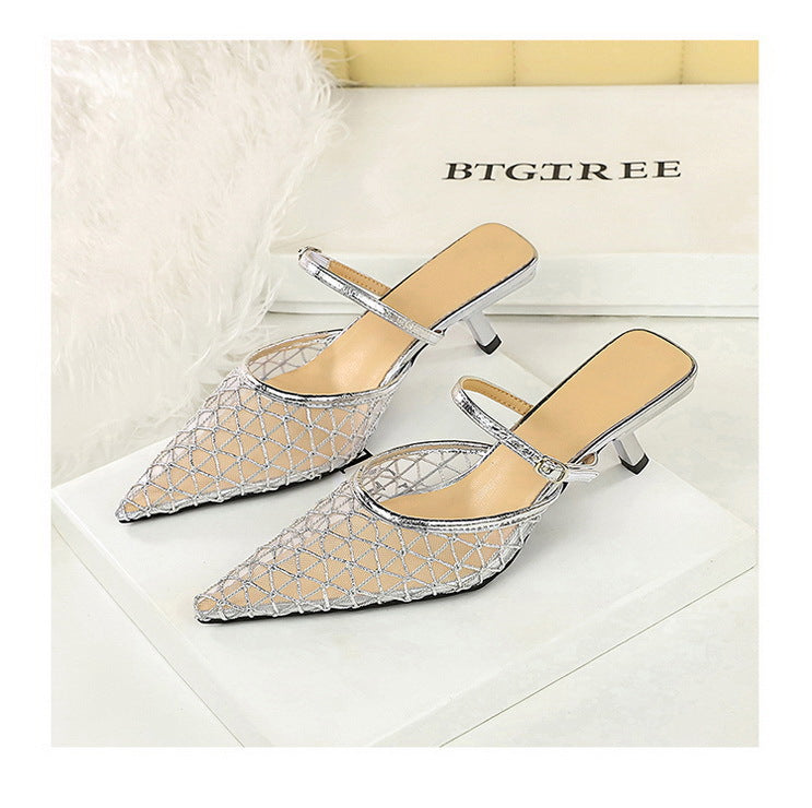 Langry silver metallic mesh mule heels with pointed toes and low block heel