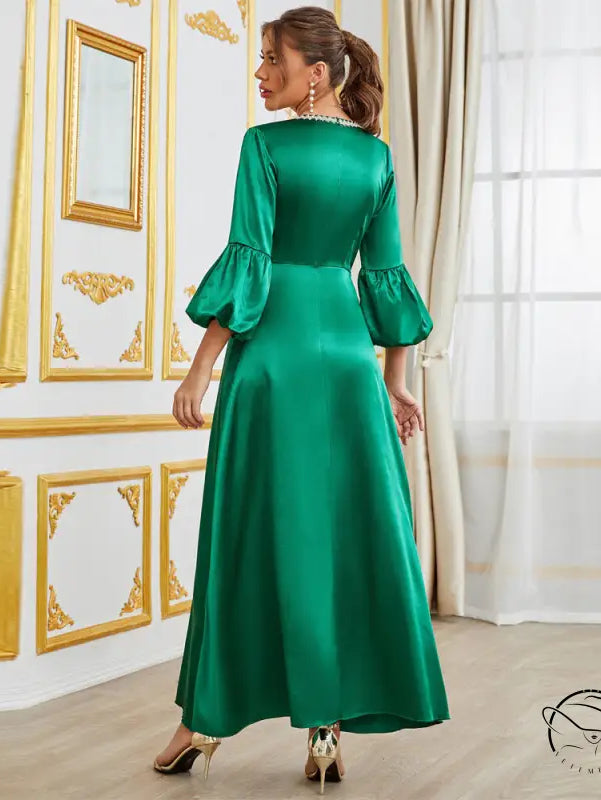 Green satin bell-sleeve maxi dress with gold trim, langry fashion gown