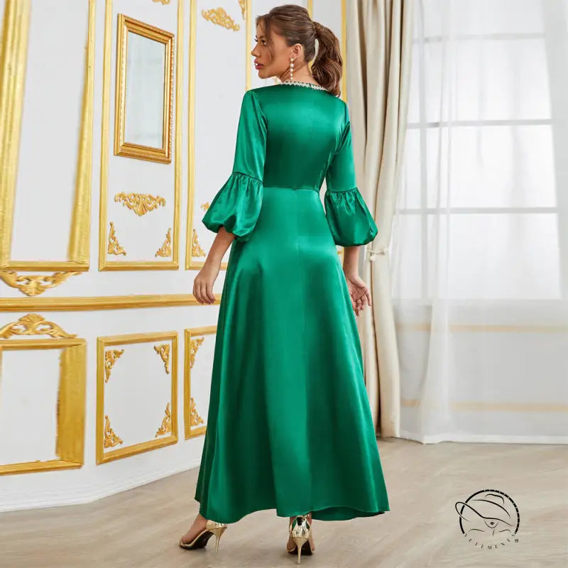 Green satin bell-sleeve maxi dress with gold trim, langry fashion gown