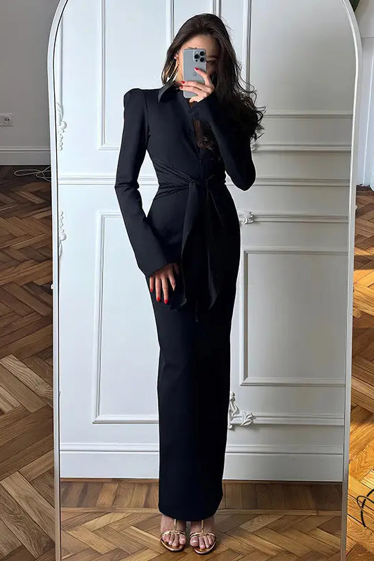 Gorgeous waist tight black slim fit jumpsuit with long sleeves