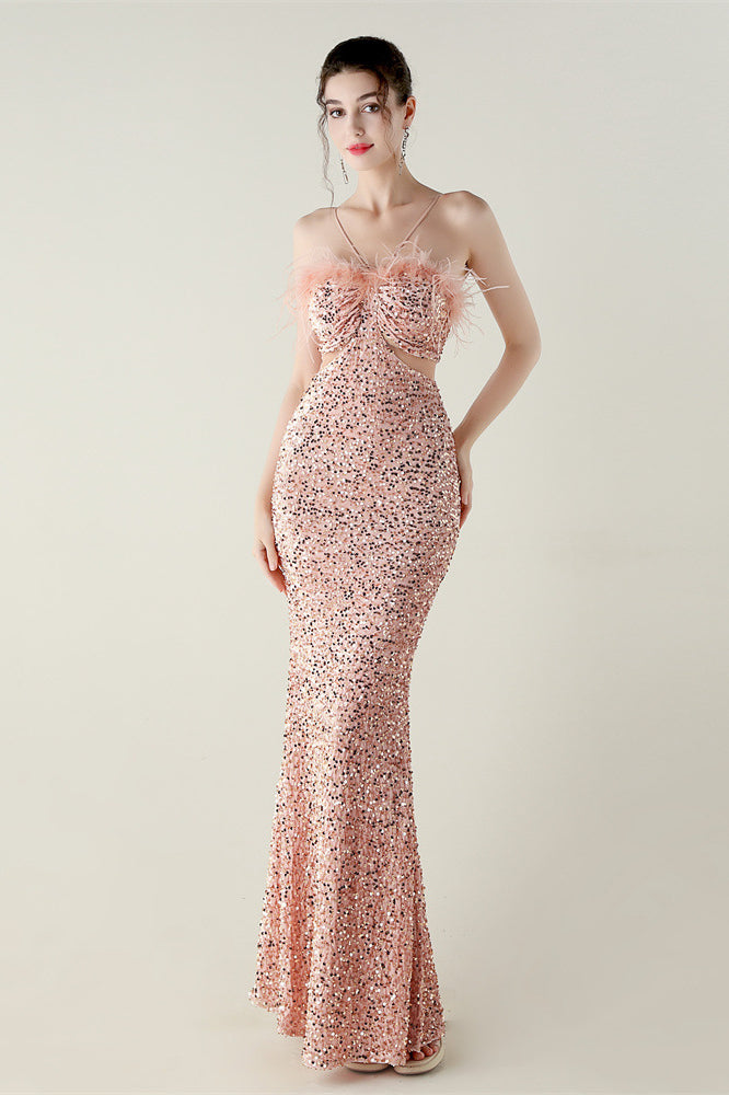 Langry rose gold sequined mermaid gown with sweetheart neckline