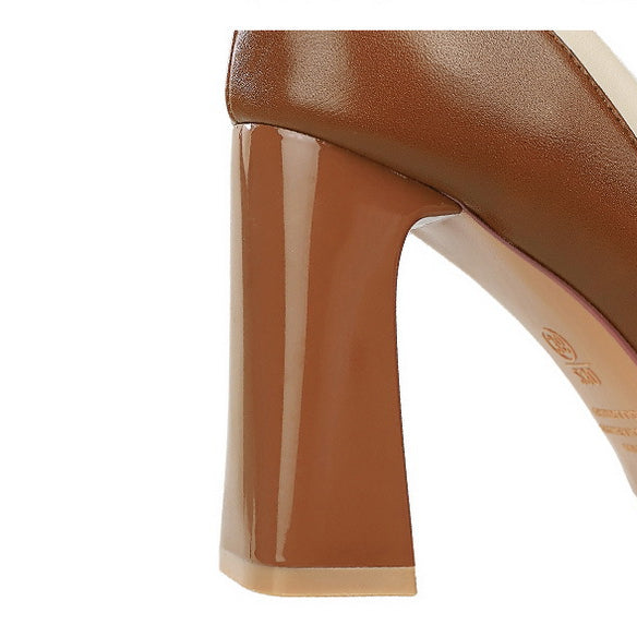 Fashionable Super High Heel tan and white block heel sandal with glossy finish