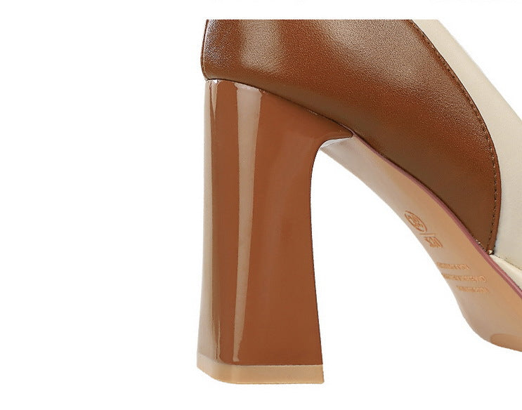 Fashionable Super High Heel tan and white block heel sandal with glossy finish