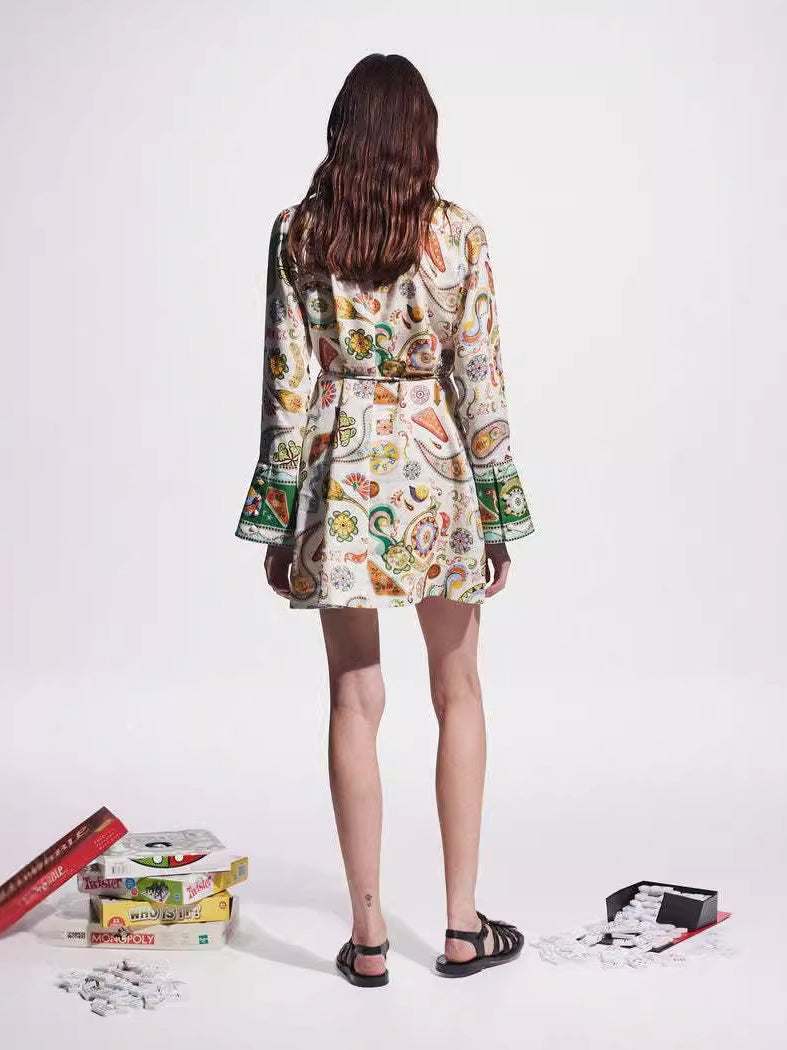 Elegant Socialite Collared Tied Waist Positioning Printing Linen Vacation Long Sleeve Dress Women