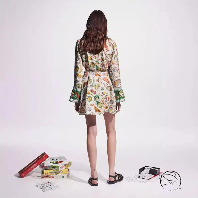 Elegant Socialite Collared Tied Waist Positioning Printing Linen Vacation Long Sleeve Dress Women