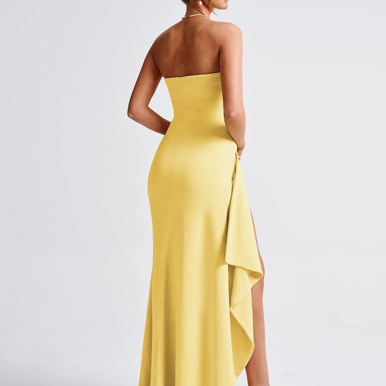 Beautiful Side Slit Dress in yellow features a high slit for elegant fashion appeal