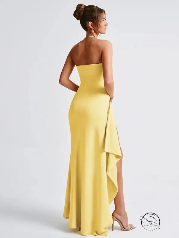 Langry fashion yellow strapless gown with high side slit