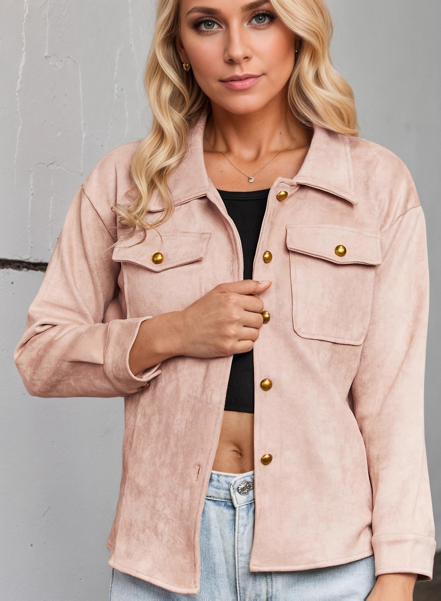 Blush pink suede Langry casual brushed autumn jacket with gold buttons