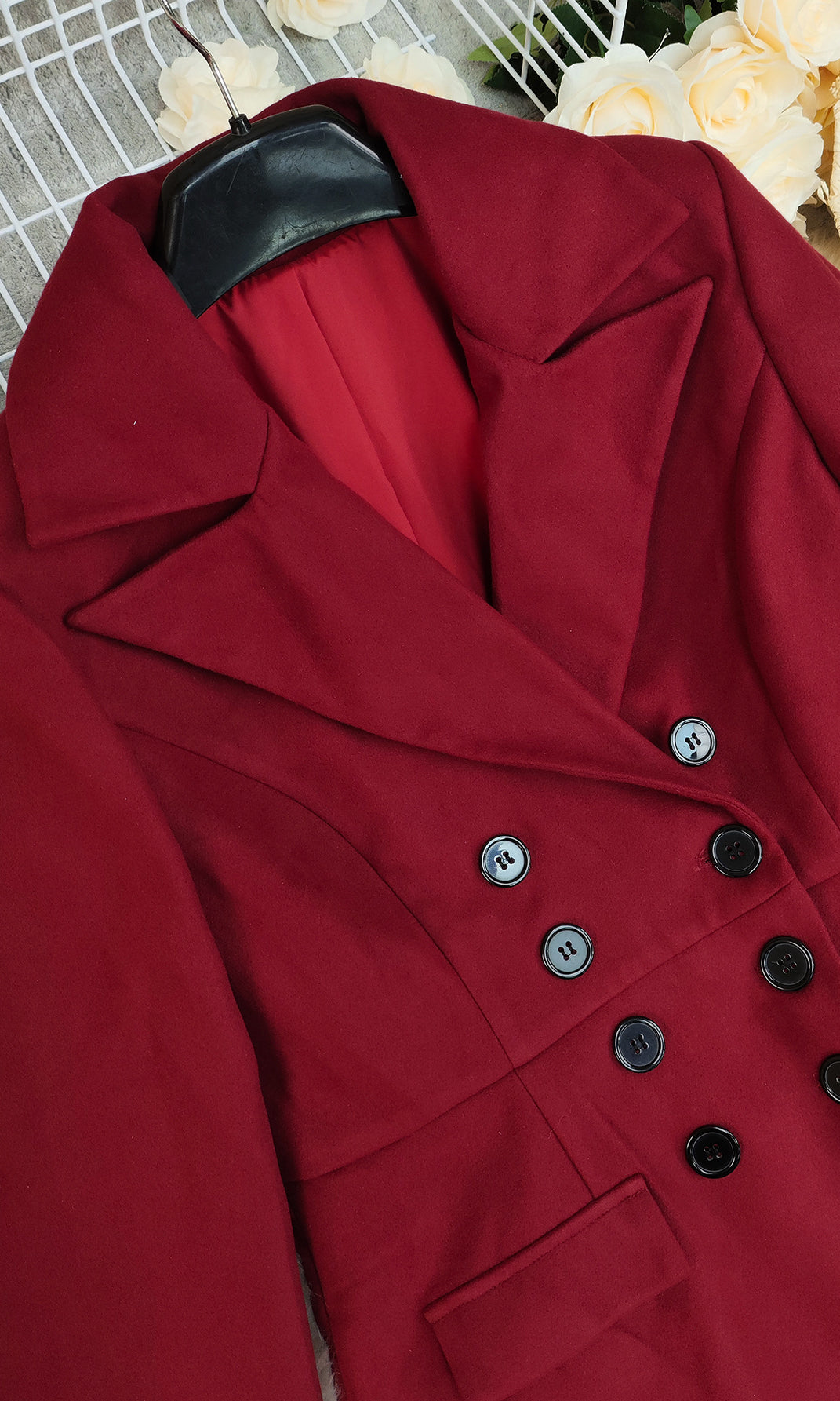 Red double-breasted woolen long coat in autumn winter fashion