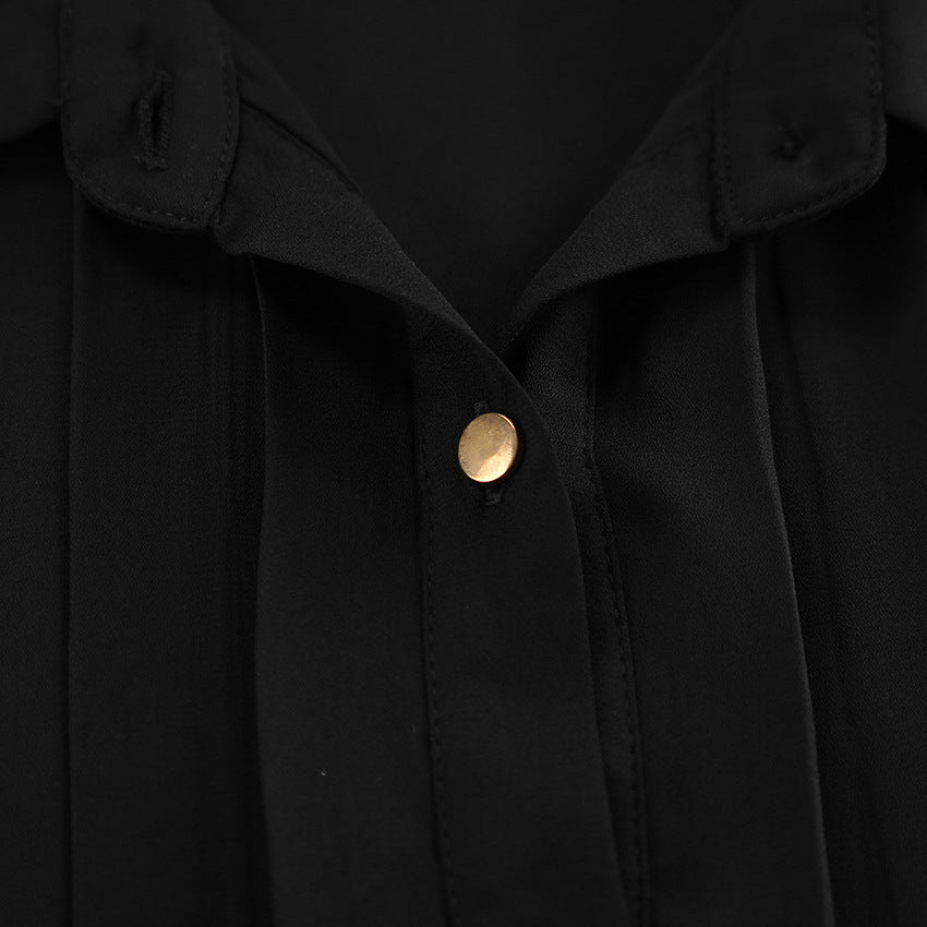 Black button-up blouse with gold button from French Elegant Chiffon Niche Pleated Shirt