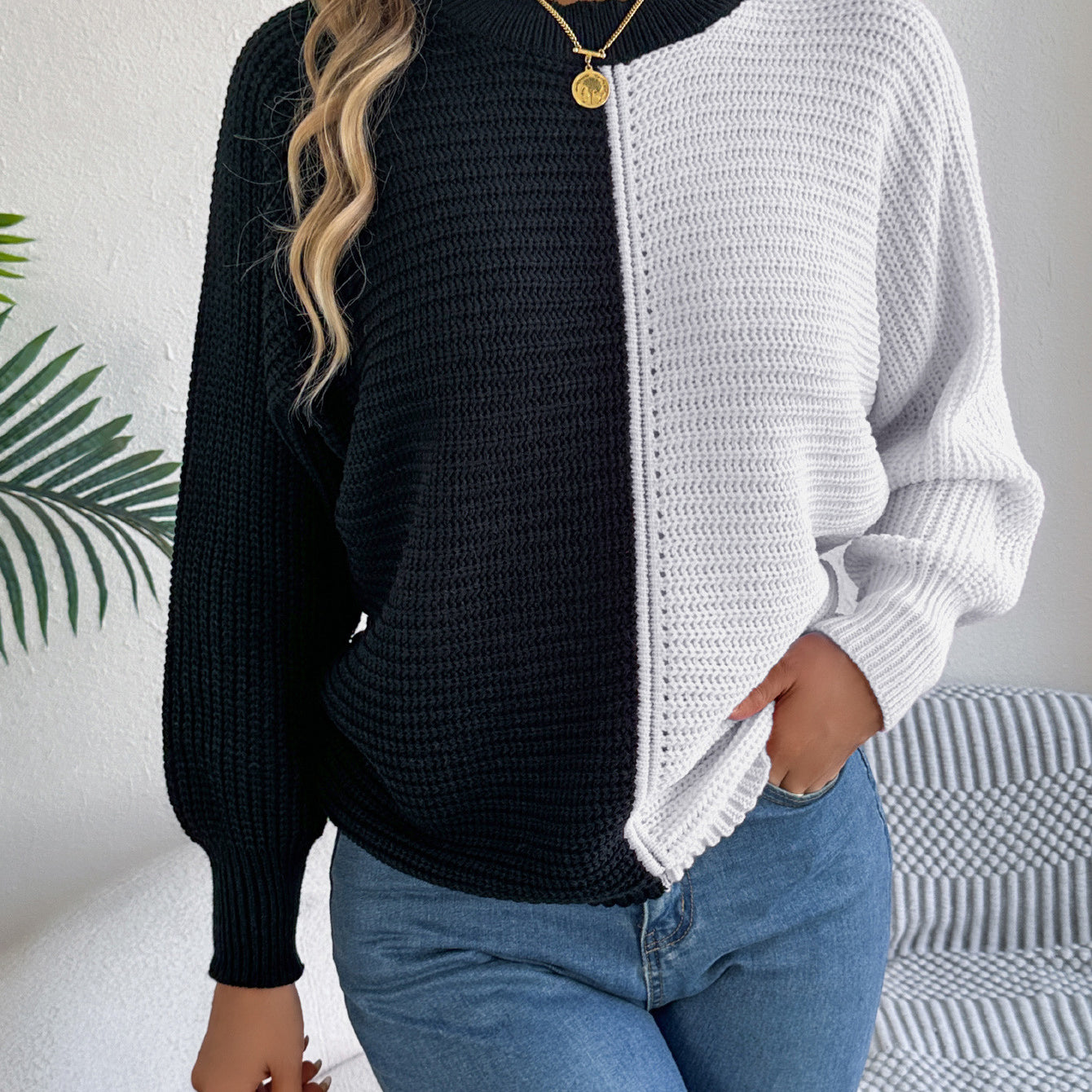 Two-tone knit sweater from Casual Shoulder Oversleeve Sweater collection showcasing stylish ملابس fashion