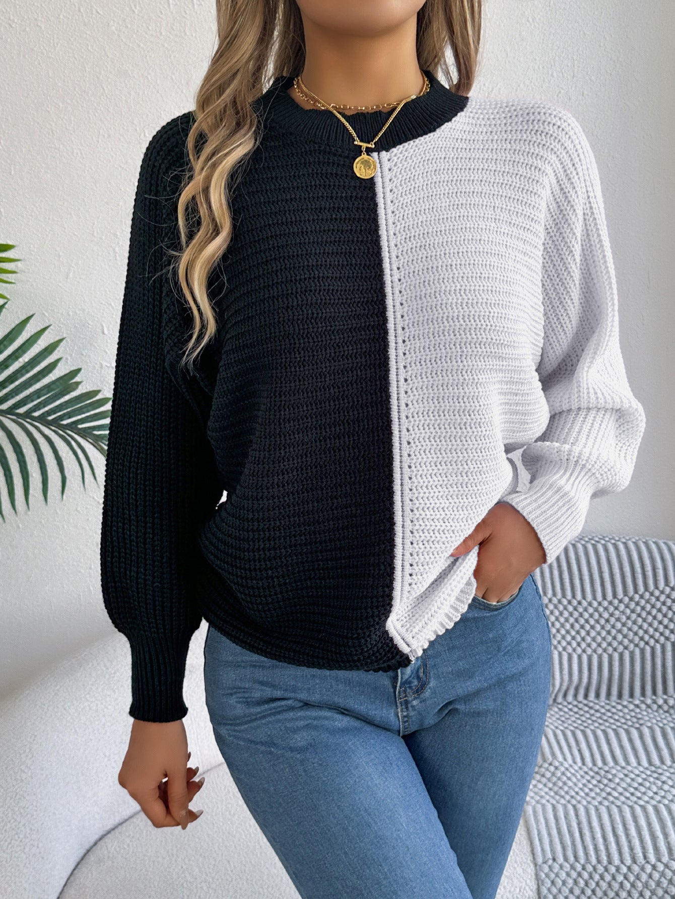 Two-tone knit sweater from Casual Shoulder Oversleeve Sweater collection showcasing stylish ملابس fashion