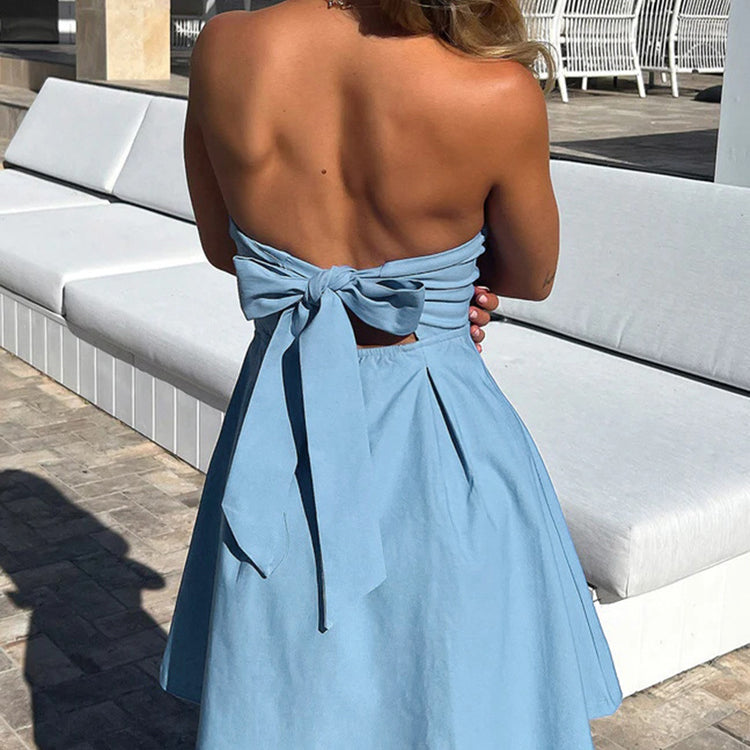 Light blue strapless sundress with back bow, a stylish choice for fashion lovers