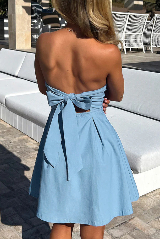 Light blue strapless sundress with back bow, a stylish choice for fashion lovers