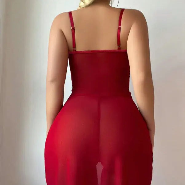 Red sheer-paneled spaghetti-strap maxi in sheer mesh lingerie set
