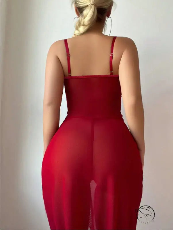 Red sheer-paneled spaghetti-strap maxi in sheer mesh lingerie set