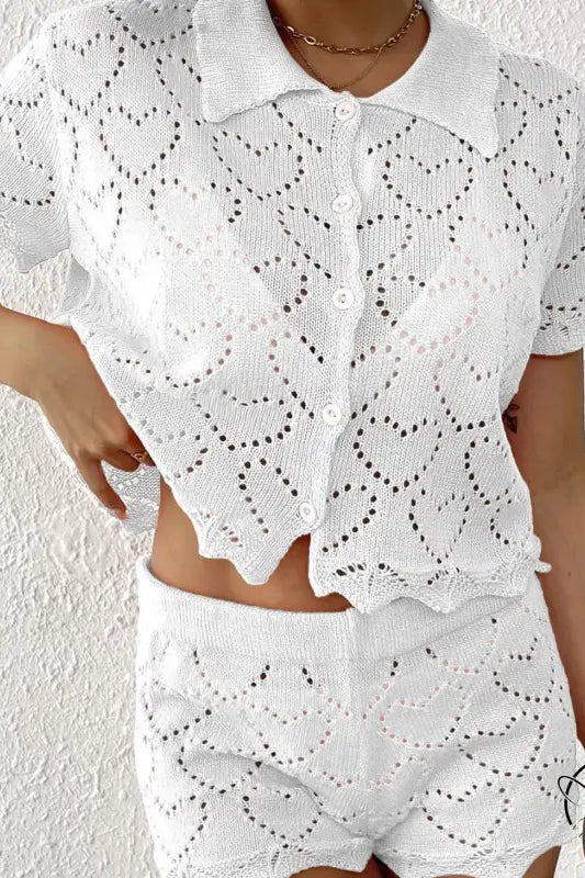 White knitted heart-patterned shorts and collared shirt in beautiful beach sets