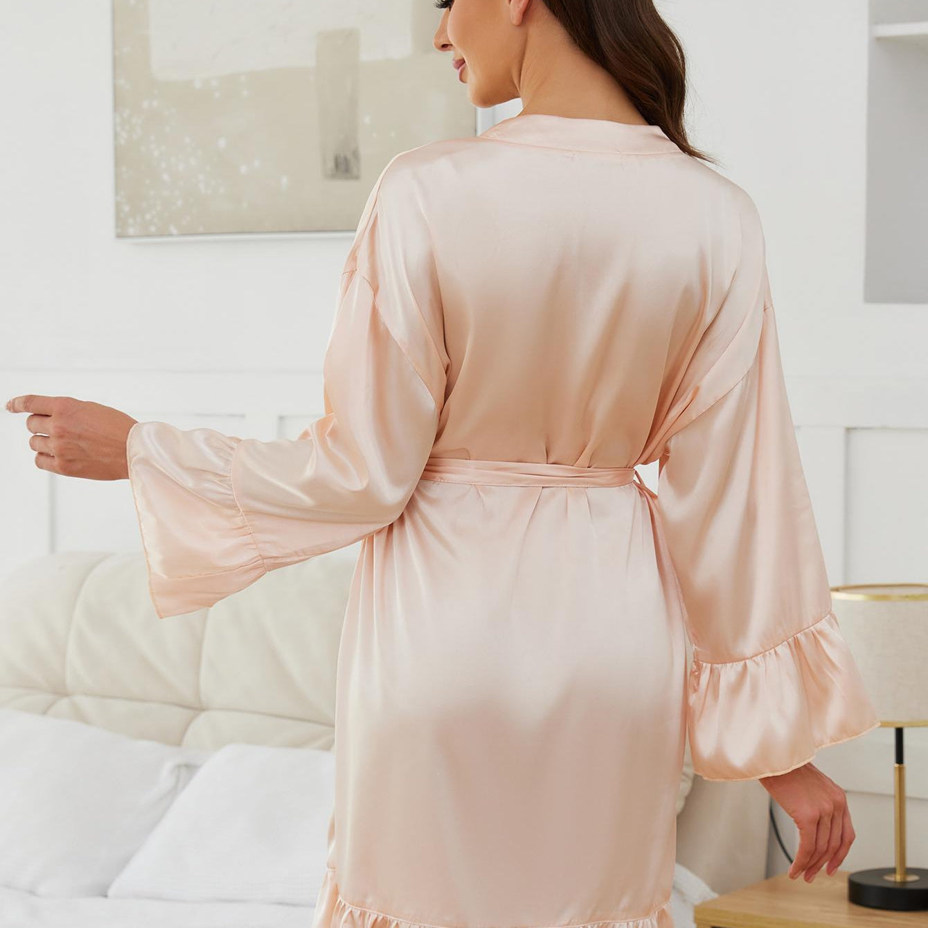 Light pink satin long sleeve robe with ruffled hem, stylish nightwear for fashionable lounging